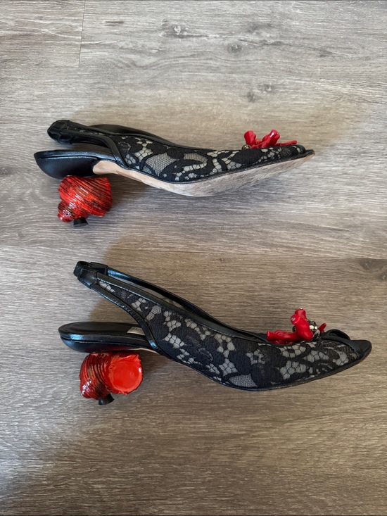Black Lace Slingback with Red Coral Accent and Shell Heels